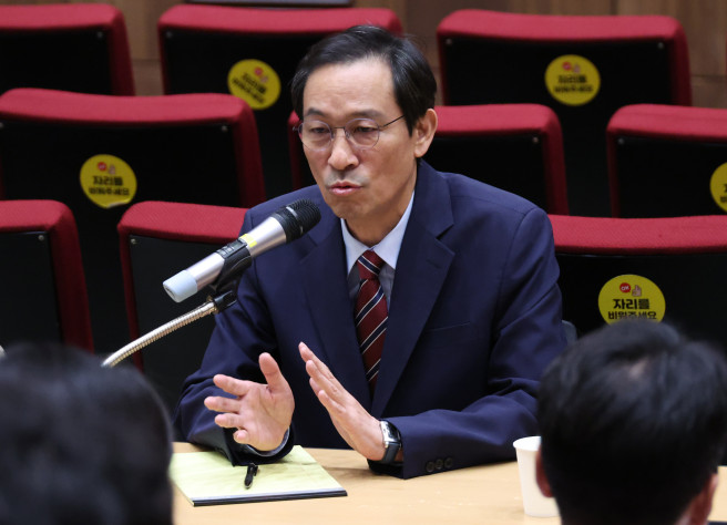 ▲우상호 정무수석이 21일 용산 대통령실에서 기자간담회를 하고 있다.  (연합뉴스)