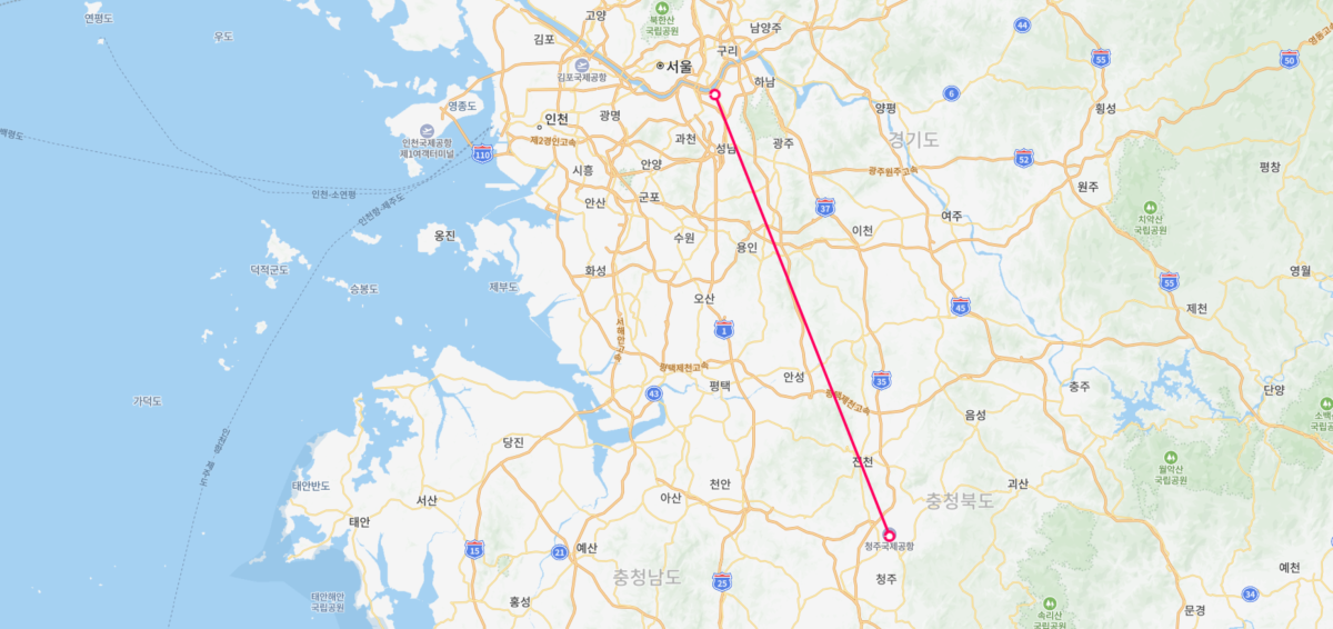 ▲잠실~안성~청주공항 광역급행철도 구간. (네이버지도)
