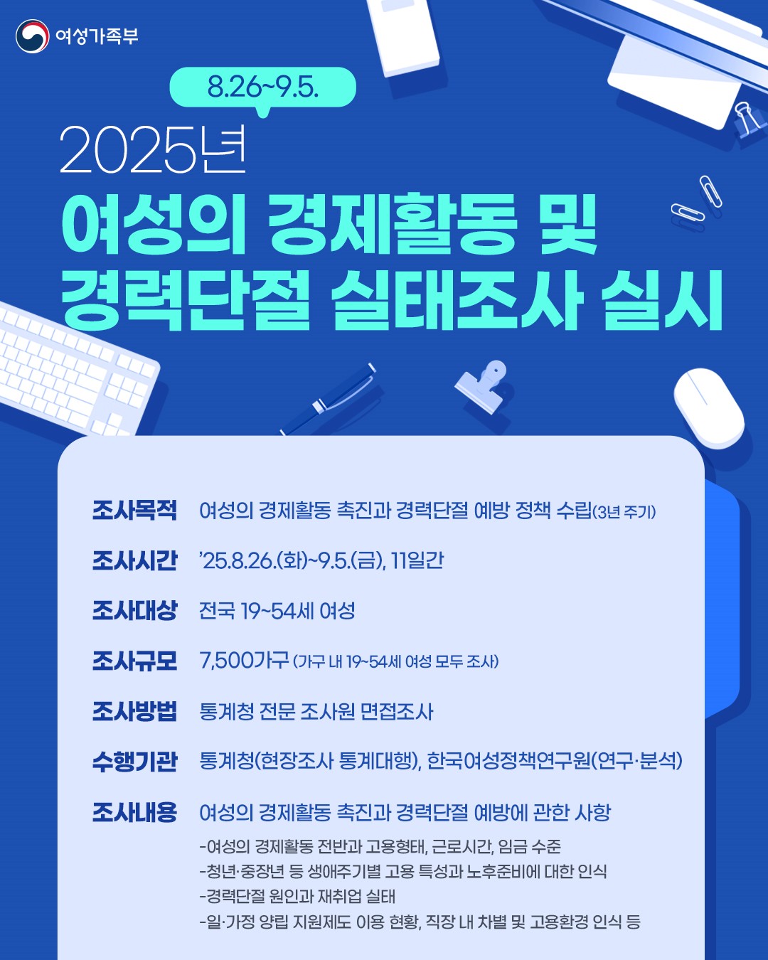 ▲ 2025년 여성의 경제활동 및 경력단절 실태조사 실시 포스터. (사진 제공 = 여성가족부)