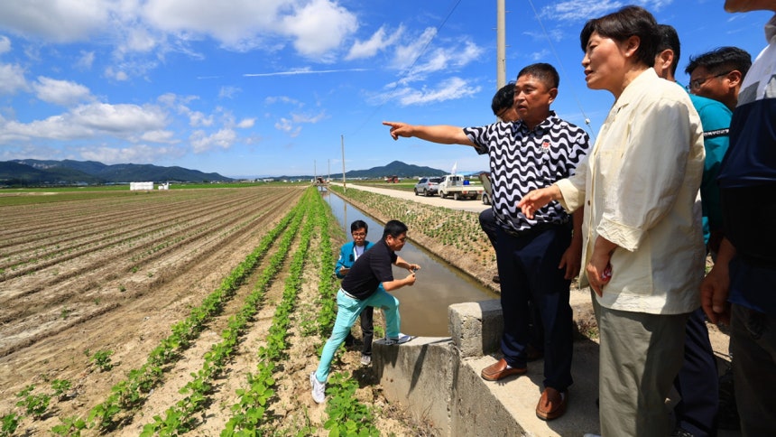 ▲송미령 농식품부 장관(오른쪽 첫 번째)이 6월 29일 전북 부안군 논콩 전문 생산단지를 방문해 현장을 둘러보고 있다. (사진제공=농림축산식품부)