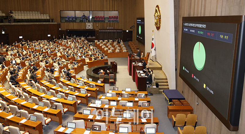 ▲24일 서울 여의도 국회에서 열린 본회의에서 노동조합 및 노동관계조정법 일부개정법률안(노란봉투법)이 통과되고 있다. 고이란 기자 photoeran@