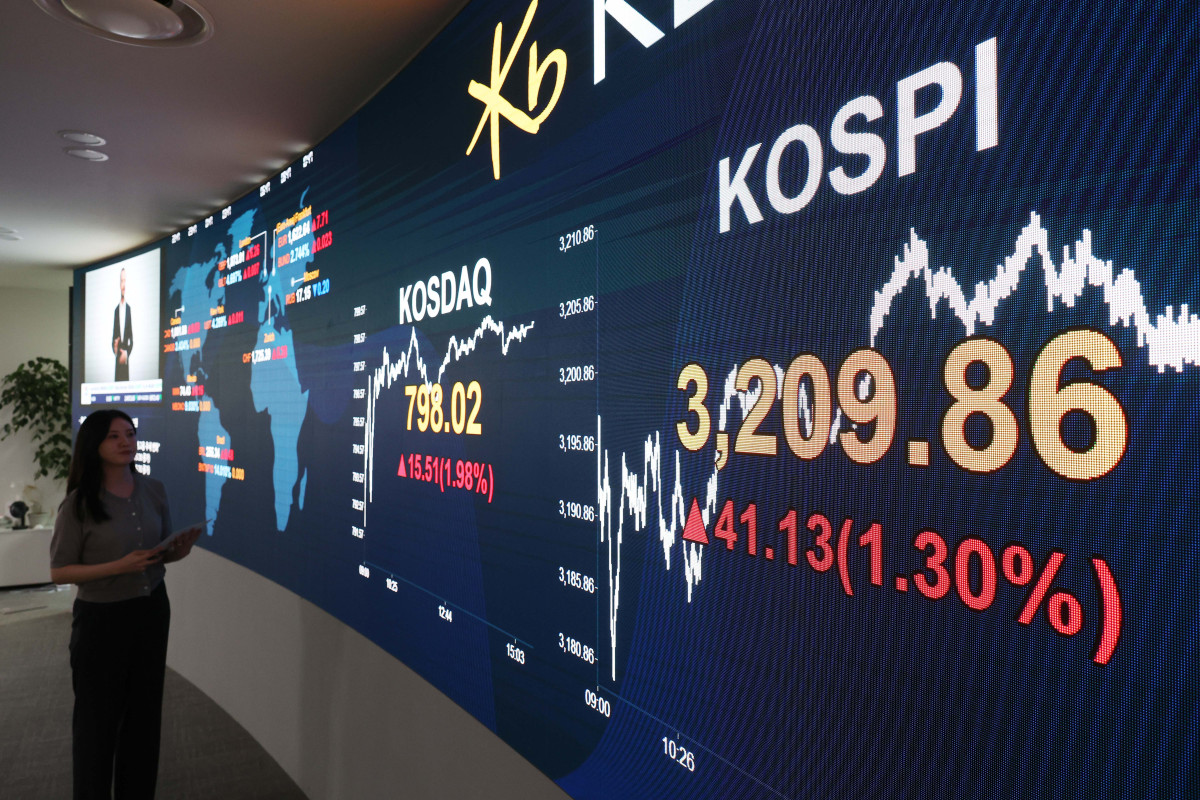 ▲미국 금리 인하 기대감에 코스피가 3200선을 탈환한 25일 서울 여의도 KB국민은행 스마트딜링룸 모니터에 코스피 종가가 표시되고 있다. 이날 코스피는 전일 대비 41.13p(1.30%) 오른 3209.86에 장을 마쳤다. 신태현 기자 holjjak@