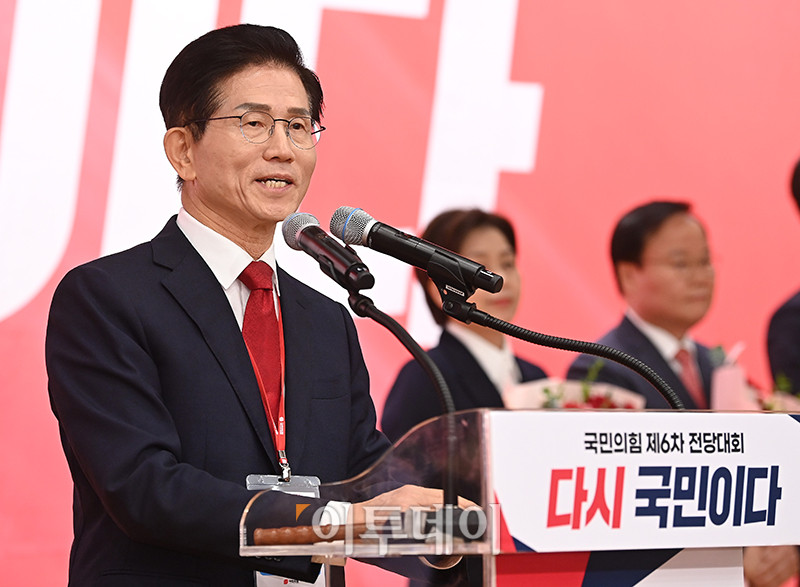▲김문수 국민의힘 당 대표 낙선자가 26일 서울 여의도 국회 도서관에서 열린 제6차 전당대회 결선에서 승복연설을 하고 있다. 고이란 기자 photoeran@