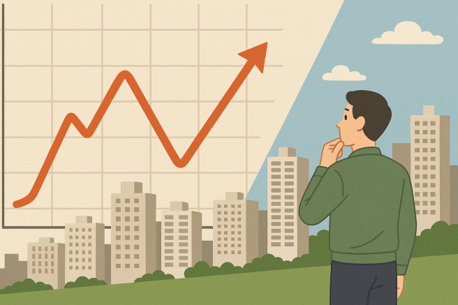 ▲8월 서울 도심의 맑은 하늘 아래, 부동산 가격 상승 추세를 나타내는 그래프가 도심 빌딩 위로 그려져 있다. (출처=챗GPT)
