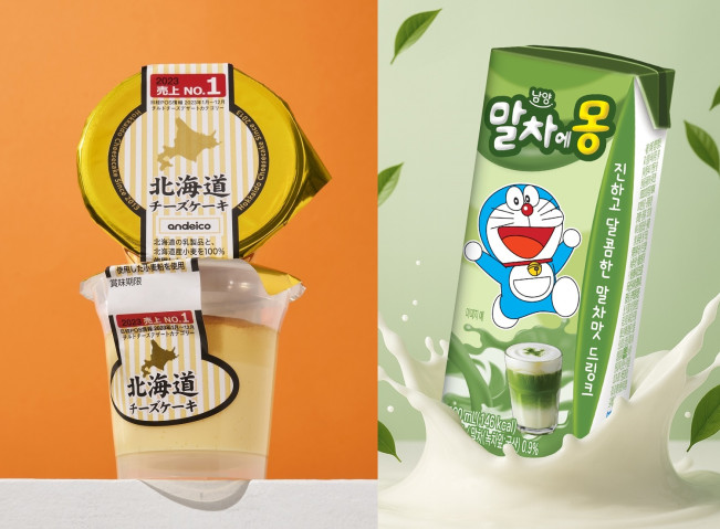 ▲ hy가 2월 국내에 들여온 일본 프리미엄 디저트 ‘홋카이도 치즈 케이크 푸딩’ 제품(왼)과 남양유업이 초코우유 제품 초코에몽에 국산 말차를 더해 새롭게 선보인 ‘말차에몽’ 제품이다. (사진제공=hy, 남양유업)