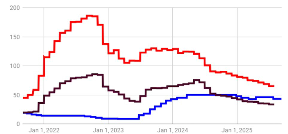 ▲튀르키예 공식 소비자물가지수(CPI) 상승률 vs. 독립 민간연구소 ENAG 추정 인플레이션. 단위 %. 갈색: 공식 CPI(7월 33.52%) / 빨간색: ENAG(7월 65.15%) / 파란색: 기준금리. 출처 ENAG