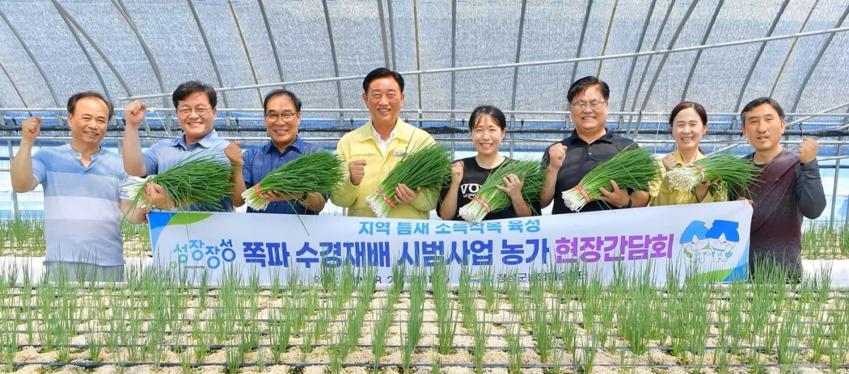 ▲전남 자성군 쪽파 수경재배 시범농가에서 김한종 장성군수가 탐방하고 있다 (사진제공=장성군)