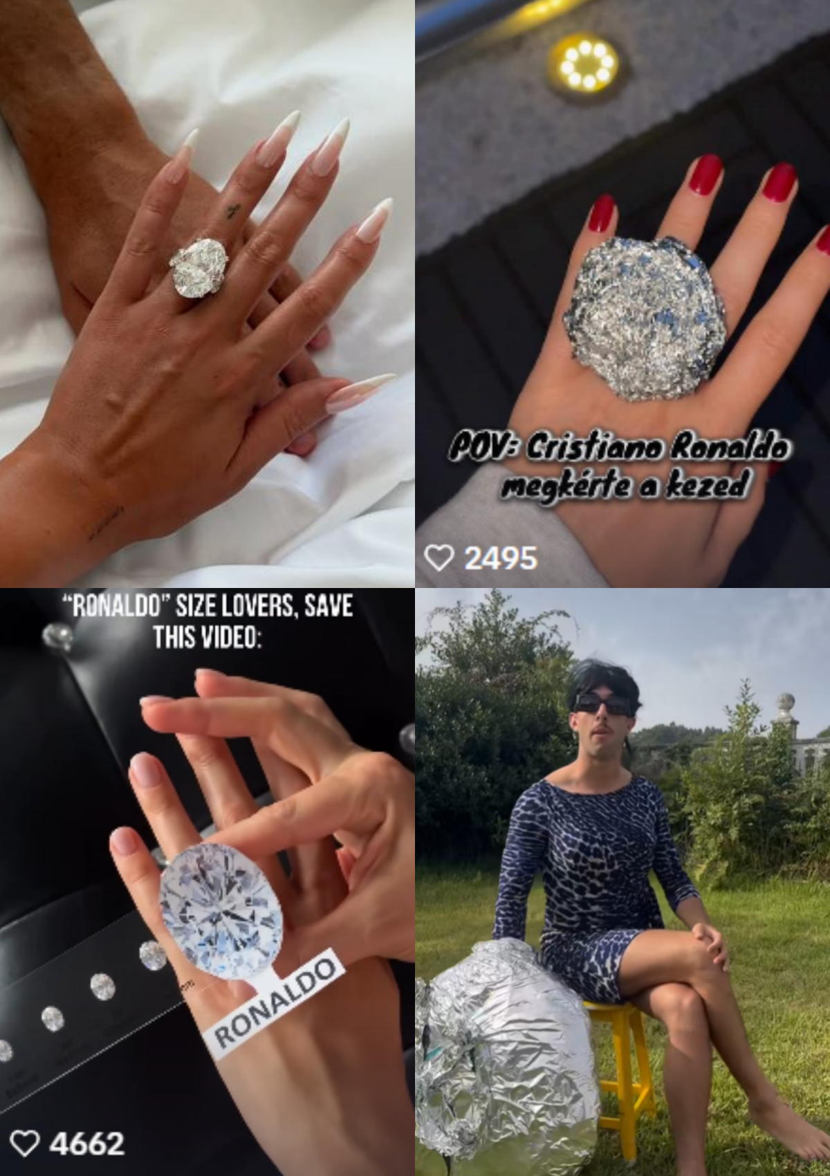▲조지나의 반지(왼쪽 위)와 이를 패러디한 틱톡 밈들. (출처=조지나 로드리게스 인스타그램, 틱톡 캡처)
