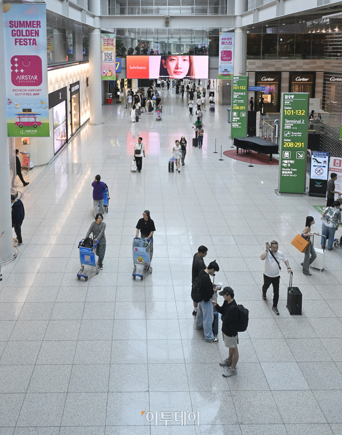 ▲최근 전 세계에서 K 콘텐츠가 인기를 끌면서 한국을 찾는 관광객이 큰 폭으로 늘고 있으나 면세점 업황은 회복 기미를 보이지 않고 있다. 1일 한국면세점협회와 업계에 따르면 7월 면세점 매출액은 9199억4652만원으로, 작년 7월 1조65억268만원보다 8.6% 줄었다. 같은 기간 구매 인원이 236만3113명에서 258만339명으로 9.2% 증가한 것과 상반된다. 7월 한국을 찾은 외국인 관광객은 작년 동기보다 23.1% 늘었고 면세점에서 물품을 구매한 외국인 수도 관광객 수 증가폭과 비슷하게 25.1% 늘었으나 구매액은 오히려 14.2% 감소했다. 이날 인천국제공항 제1여객터미널 면세구역에서 이용객들이 발걸음을 옮기고 있다. 조현호 기자 hyunho@