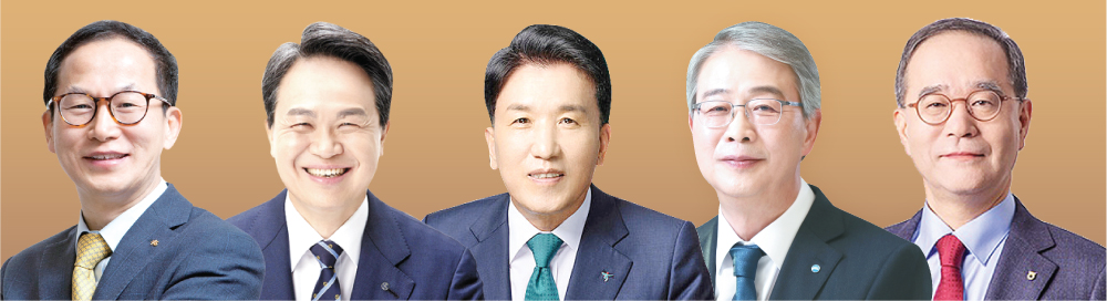 ▲(왼쪽부터)양종희 KB금융 회장, 진옥동 신한금융 회장, 함영주 하나금융 회장, 임종룡 우리금융 회장, 이찬우 NH농협금융 회장 (사진제공=각 금융지주)