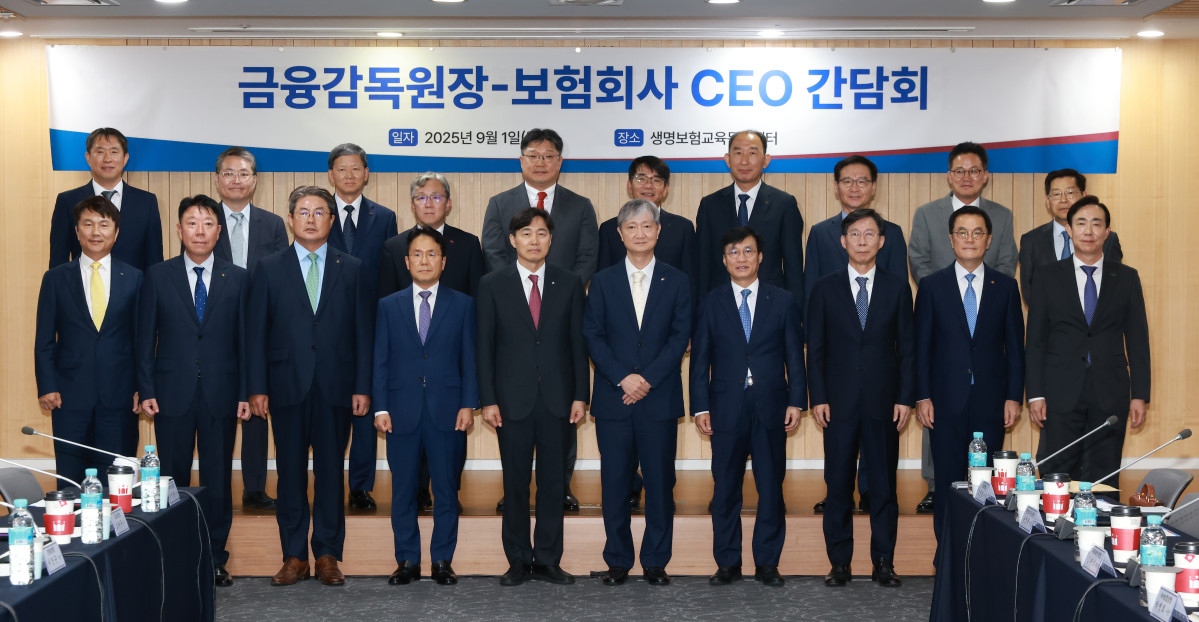 ▲(앞줄 왼쪽부터) 구본욱 KB손보 대표, 이석현 현대해상 대표, 정종표 DB손보 대표, 이문화 삼성화재 대표, 이병래 손해보험협회 회장, 이찬진 금융감독원장, 김철주 생명보험협회 회장, 홍원학 삼성생명 대표, 이경근 한화생명 대표, 조대규 교보생명 대표. (뒷줄 왼쪽부터) 노영후 보험감독국장, 장영근 카카오손보 대표, 원종규 코리안리 대표, 송윤상 흥국화재 대표, 김중현 메리츠화재 대표, 이영종 신한라이프생명 대표, 박병희 농협생명 대표, 김재식 미래에셋생명 대표, 송영록 메트라이프생명 대표, 김영만 DB생명 대표. (금융감독원 제공)