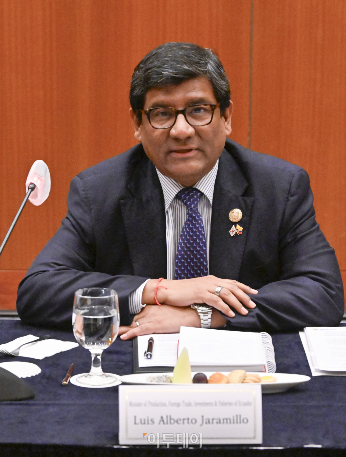 ▲루이스 알베르토 하라미요 에콰도르 생산통상투자수산부 장관이 2일 서울 중구 롯데호텔에서 열린 한-에콰도르 통상장관 면담에서 모두발언을 하고 있다. 조현호 기자 hyunho@