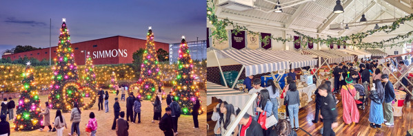 ▲(왼쪽부터) 크리스마스 일루미네이션과 파머스 마켓 행사 현장.  (사진제공=시몬스 침대 )