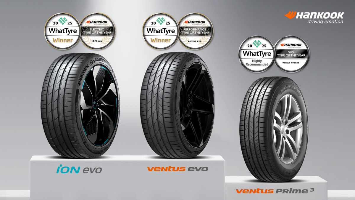 ▲한국타이어의 전기차 전용 퍼포먼스 타이어 ‘아이온 에보(iON evo)’와 초고성능 퍼포먼스 타이어 ‘벤투스 에보(Ventus evo)’가영국 유력 타이어 전문 매체 '왓타이어(WhatTyre)'의 '2025 왓타이어 어워드(2025 WhatTyre Awards)'에서 각각 ‘올해의 전기차 타이어’와 ‘올해의 퍼포먼스 타이어’ 부문을 수상했다. (사진=한국타이어)