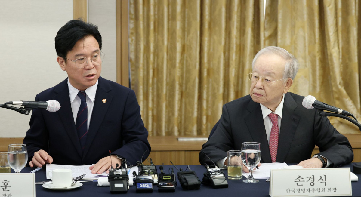 ▲김영훈 고용노동부 장관(왼쪽)이 3일 서울 중구 한국프레스센터에서 열린 '주요 기업 인사노무담당 임원(CHO) 간담회'에서 발언하고 있다. 오른쪽은 손경식 한국경영자총협회 회장. (뉴시스)