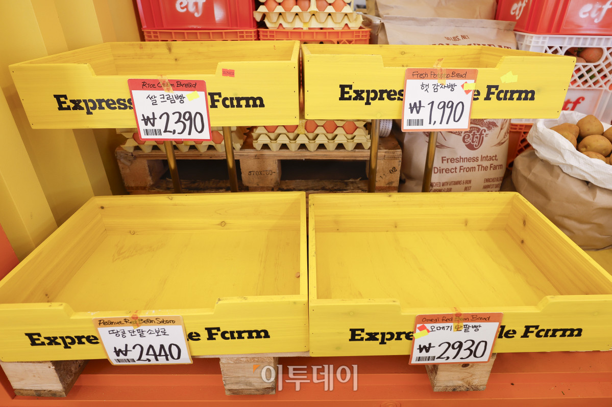 ▲빵값이 6개월 연속 고공행진을 이어가고 있는 가운데 최근 유튜브 채널 '슈카월드'의 '990원 빵' 판매로 적정 가격을 두고 논란이 일고 있다. 3일 통계청 국가통계포털(KOSIS)에 따르면, 8월 빵 물가지수는 138.61(2020년=100)로, 지난해 같은 달보다 6.5% 상승했다. 이는 같은 기간 전체 소비자물가 상승률(1.7%)의 3배 이상에 달한다. 빵 가격이 이처럼 크게 오른 것은 2023년 7월(8.6%) 이후 2년1개월 만이다. 이날 서울 성동구 글로우 성수에 마련된 경제유튜버 슈카의 ETF 베이커리 팝업 스토어 매대가 재고소진으로 비어있다. 슈카가 국내 빵값 상승에 대응하기 위해 가성비를 강조하기 위해 오픈한 팝업스토어는 소금빵·베이글·바게트 990원, 식빵 1990원, 명란바게트 2450원, 단팥빵 2930원 등으로 책정됐다. 조현호 기자 hyunho@