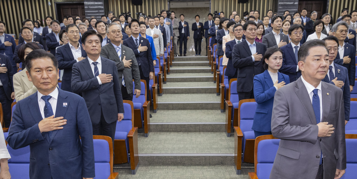 ▲더불어민주당 정청래 대표와 김병기 원내대표를 비롯한 소속 의원들이 3일 국회에서 열린 검찰개혁ㆍ정부조직법 개편 의견 수렴을 위해 열린 정책 의원총회에 참석해 국기에 경례하고 있다. (사진=연합뉴스)