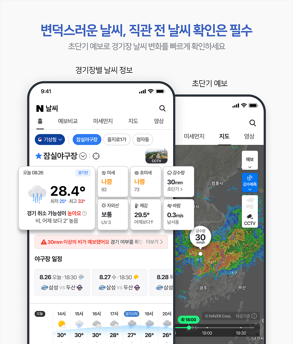 ▲네이버가 4일 출시한 야구장 테마날씨 서비스는 잠실야구장 등 구장별로 실시간 기상, 미세먼지, 자외선 등 정보를 제공해 야구팬들이 경기 관람 전 기상 상황을 한눈에 확인할 수 있도록 한다.