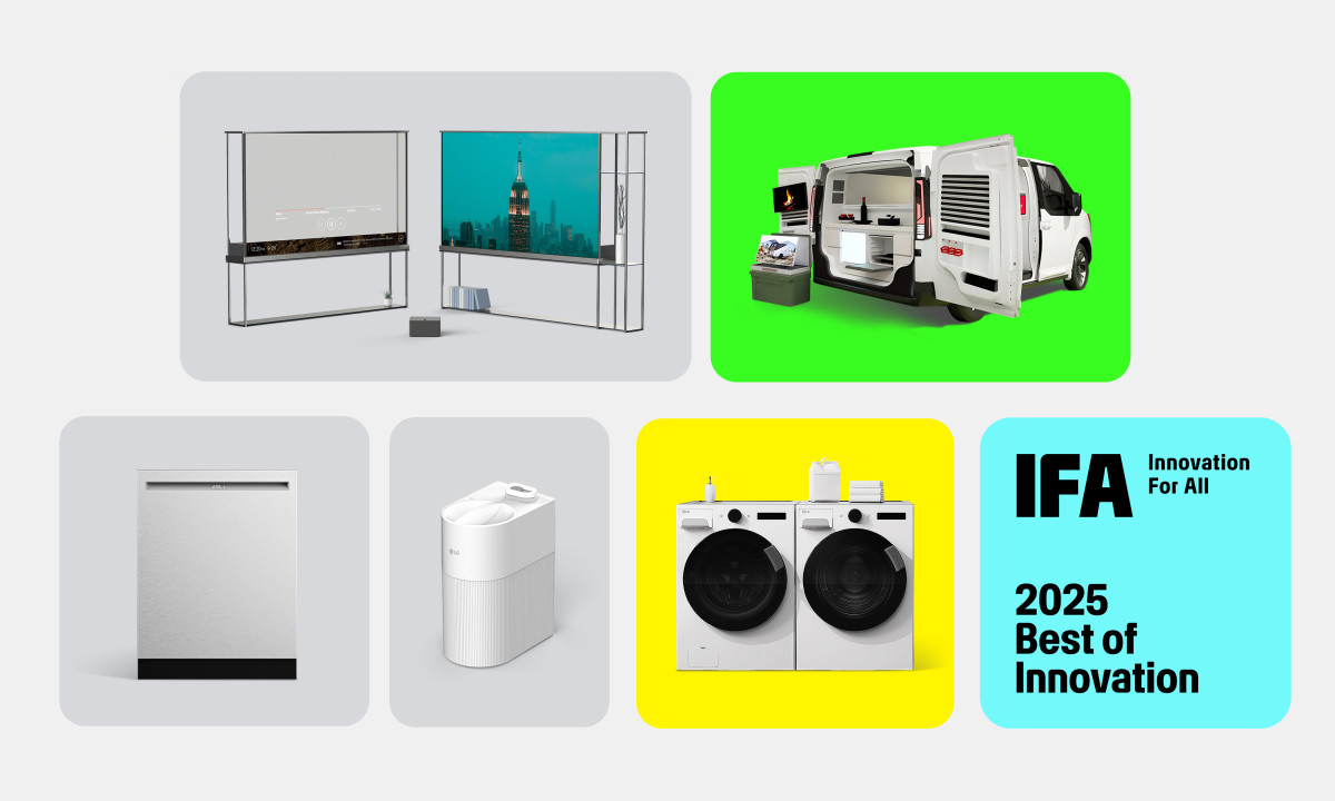 ▲(시계 방향으로) △베스트 오브 IFA 및 홈엔터테인먼트 부문 최우수상을 받은 LG 시그니처 올레드 T △모빌리티 부문 최우수상을 받은 슈필라움 △가전 부문 최우수상을 받은 AI 기능 식기세척기와 미세 플라스틱 필터 △접근성 부문 최우수상으로 선정된 LG 컴포트 키트. (자료제공=LG전자)