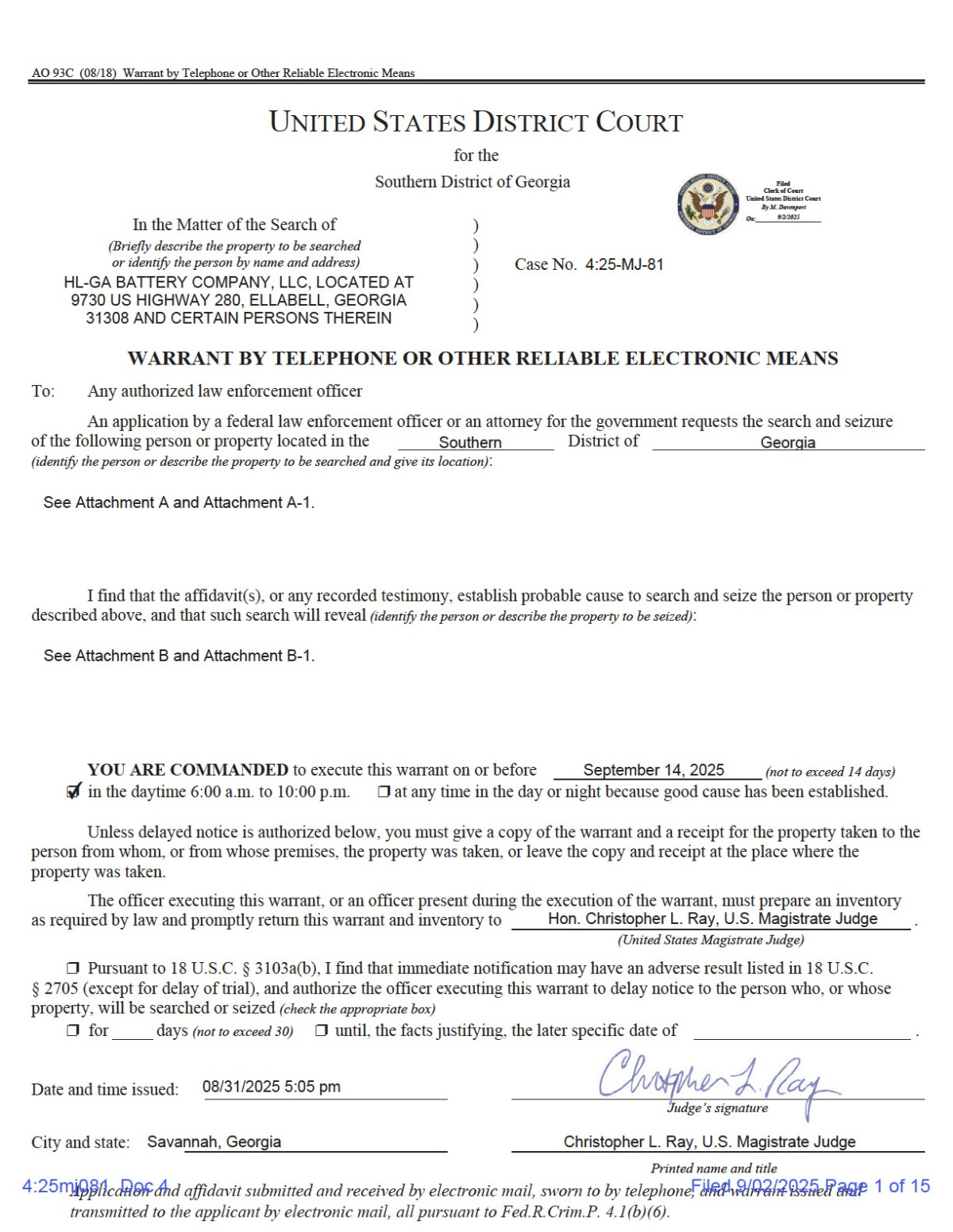 ▲ 미 국토안보수사국이 집행한 조지아주 현대차그룹-LG에너지솔루션 공장 수색영장 첫 장 (워싱턴D.C./연합뉴스)