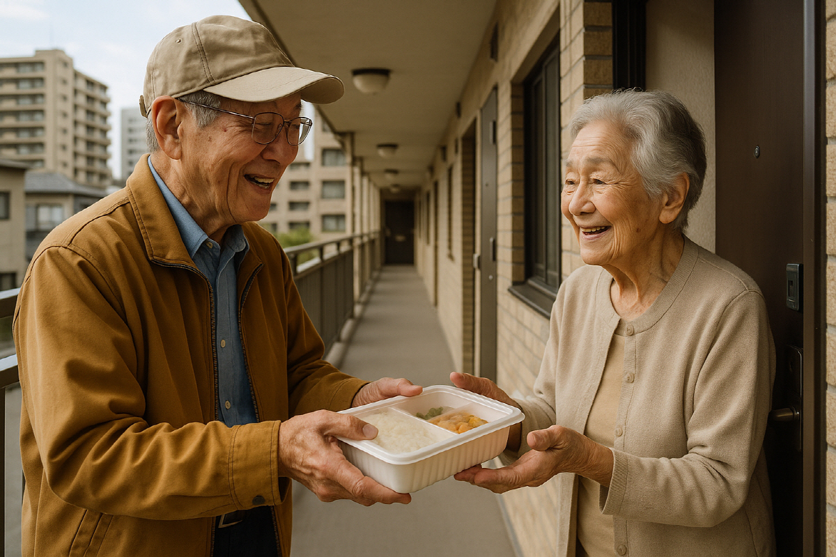 ▲도쿄의 한 아파트 단지에서 70대 노인이 80대 노인에게 식사 배달을 하는 장면. (출처 챗GPT AI 생성)