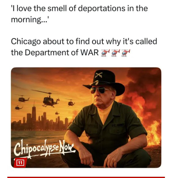 ▲도널드 트럼프 미국 대통령이 6일(현지시간) 시카고에 주방위군을 투입시킬 의향이 있음을 노골적으로 표시한 패러디 게시물을 자신의 소셜미디어 트루스소셜에 올렸다.  (출처 트럼프 트루스소셜 캡처)