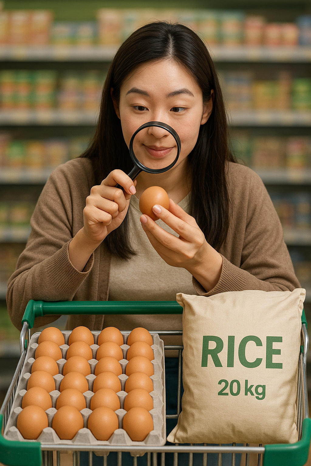 ▲계란과 쌀을 살펴보는 여성 소비자  (이미지=ChatGPT/무단전재·재배포 금지)
