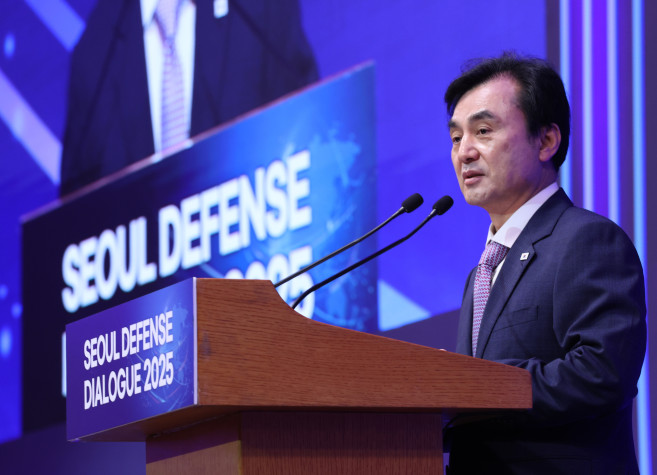 ▲안규백 국방부 장관이 9일 서울 중구 롯데호텔에서 열린 2025 서울안보대화 개회식에서 개회사를 하고 있다. (연합뉴스)