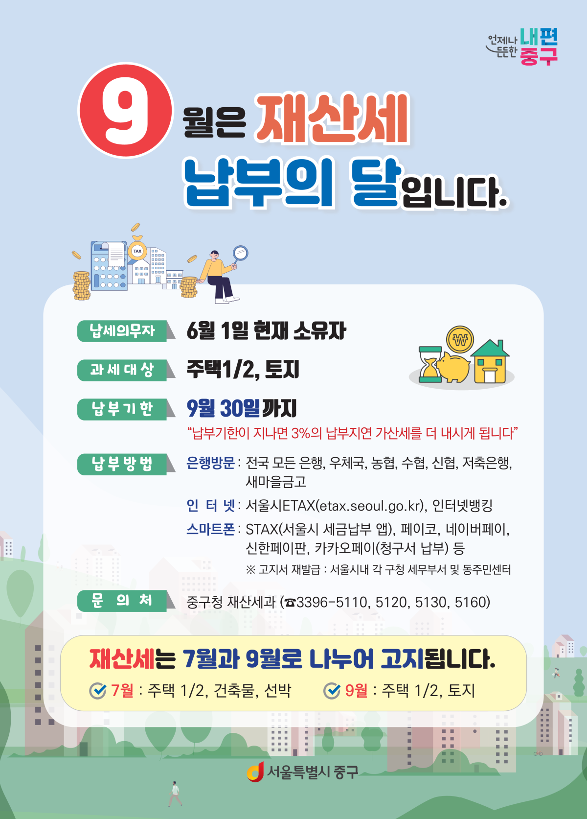 ▲9월 재산세 납부의 달을 맞아, 서울 중구청이 과세 대상과 납부 기한, 다양한 비대면 납부 방법 등을 안내하는 정보를 제공하고 있다. (중구)