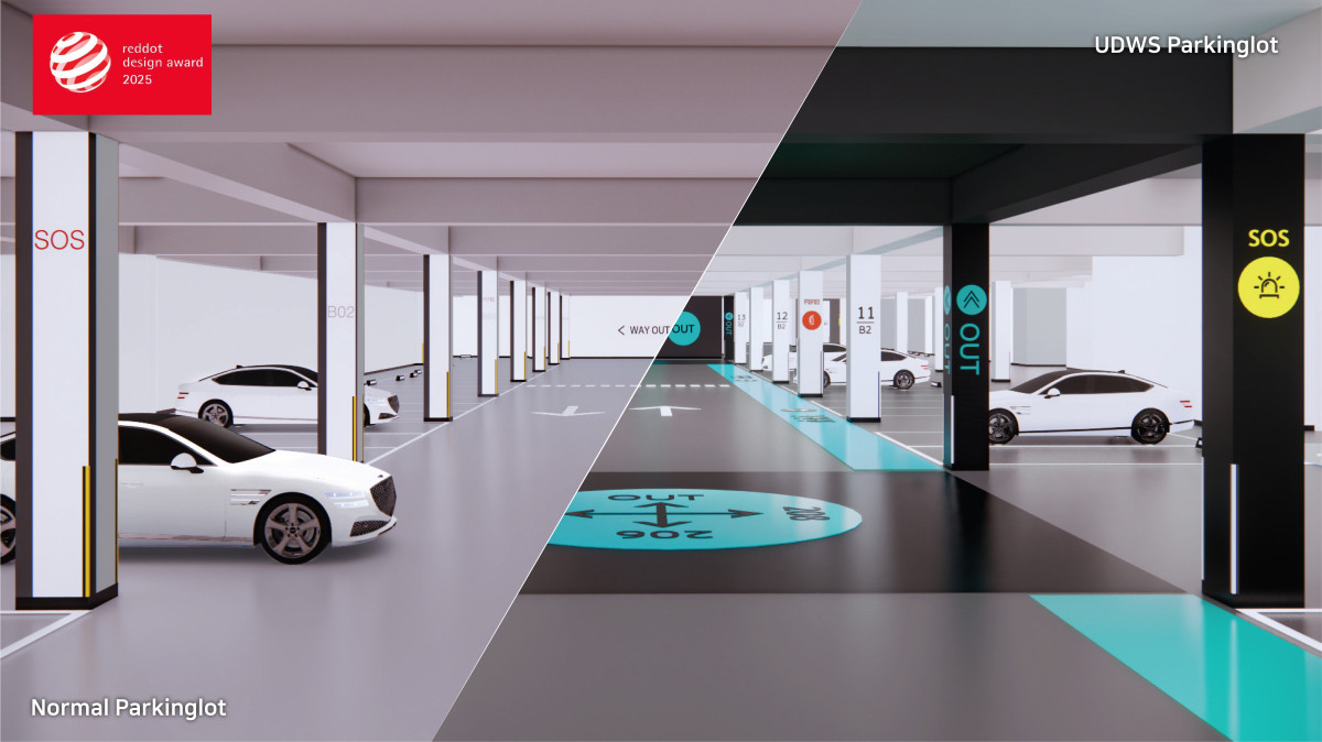 ▲KCC의 컬러유니버설디자인을 현대건설이 개발한 지하주차장 길찾기 시스템 '웨이파인딩'에 적용한 모습. (사진제공=KCC)