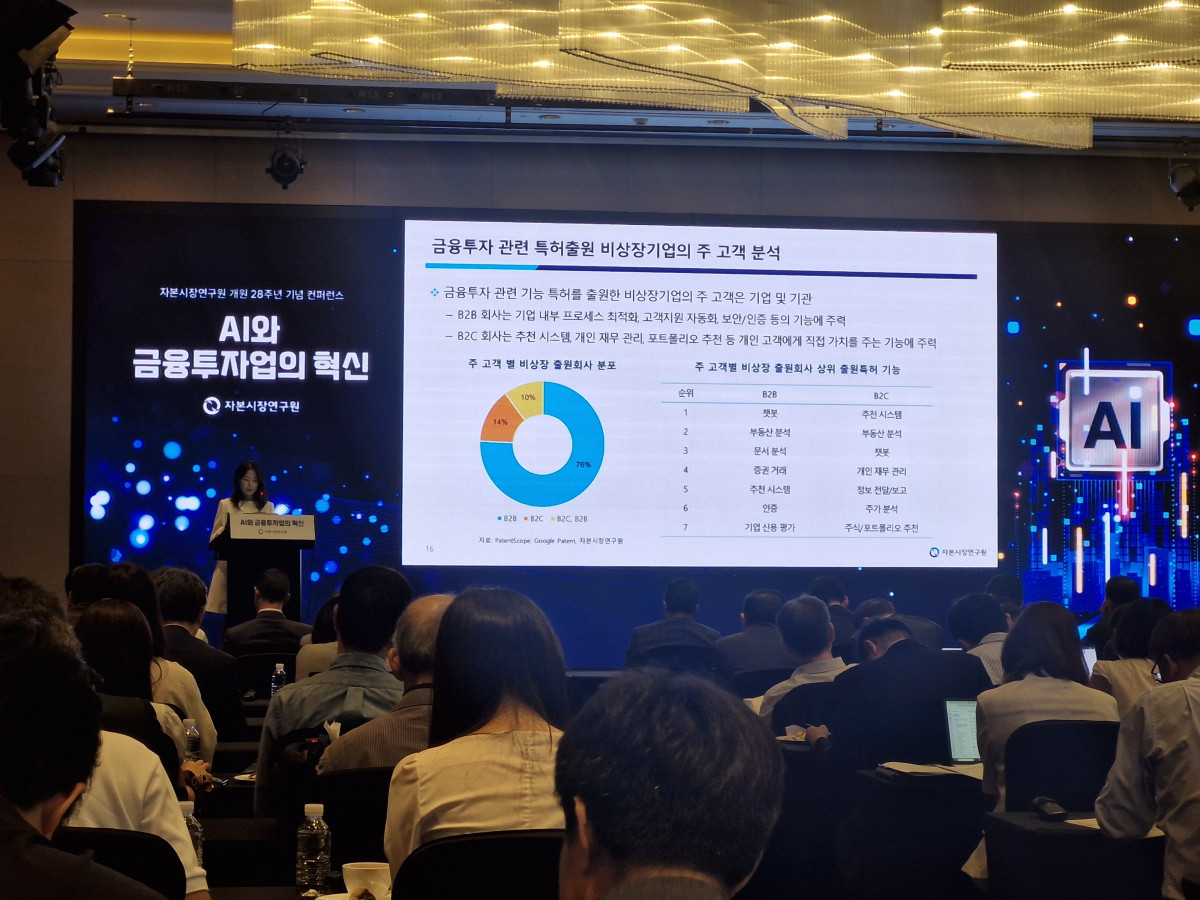 ▲김진영 자본시장연구원 연구위원이 10일 서울 여의도 콘래드호텔에서 열린 'AI와 금융투자업의 혁신' 컨퍼런스에서 발표하고 있다. (사진=이투데이 김효숙 기자)