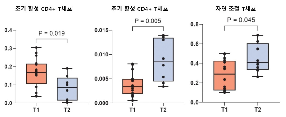 ▲경구면역요법 이후 조기 활성 CD4+ T세포는 줄어들고, 후기 활성 CD4+ T세포와 자연 조절 T세포가 증가된 것을 알 수 있다. (분당서울대병원)