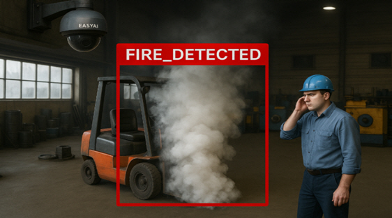 ▲EASYAI 카메라가 지게차에서 발생한 화재를 탐지하고 주변 작업자에게 음성으로 알린다. [사진=㈜이지에이아이 (㈜이지에이아이 제공)