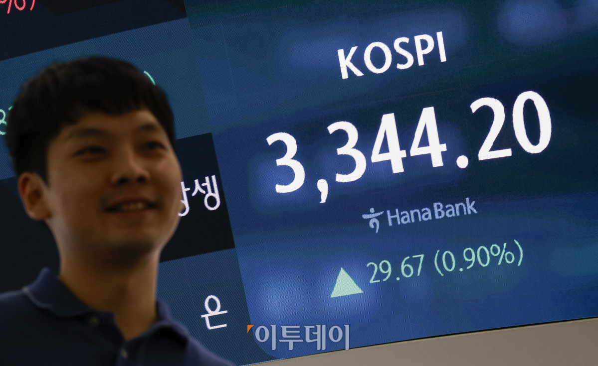 ▲코스피가 신고점 기록과 8거래일 연속 상승하며 3340선으로 거래를 마친 11일 서울 중구 하나은행 딜링룸 전광판에 코스피가 표시돼 있다. 이날 코스피 지수는 전 거래일보다 29.67(0.90%)포인트 상승한 344.20을 나타냈다. 코스피는 전날에 이어 이틀 연속 사상 최고치를 경신했다. 조현호 기자 hyunho@