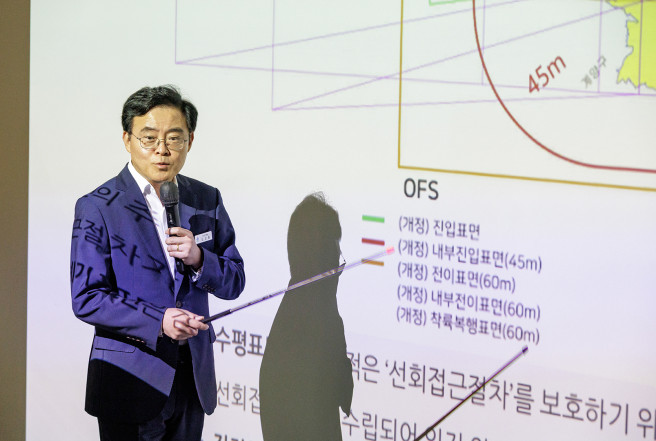 ▲진교훈 강서구청장이 11일 서울 마곡안전체험관에서 열린 김포공항 고도제한 관련 기자설명회에서 발언하고 있다. (사진제공=강서구)