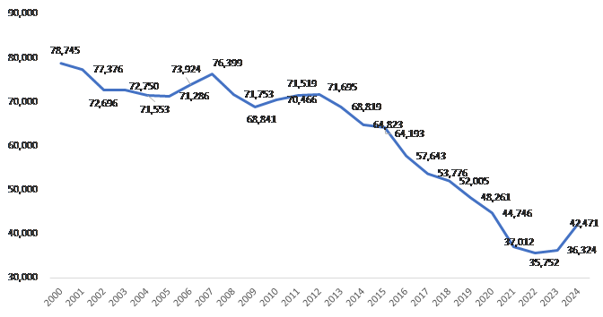 ▲2000~2024년 서울시 혼인 건수(단위 : 건).  (자료제공=서울시)
