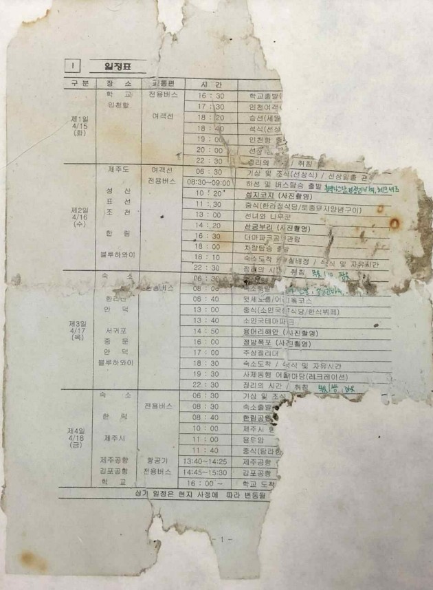 ▲세월호 인양 후 뻘에서 발견된 수학여행 일정표 (국가유산청)