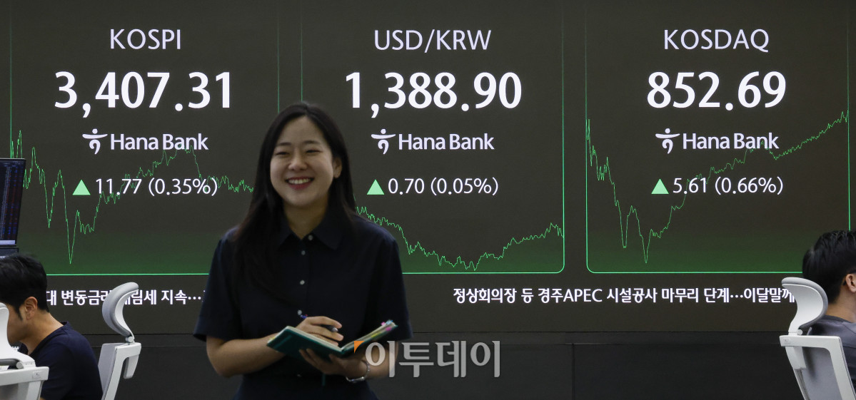 ▲코스피가 사상 첫 3400선을 돌파한 15일 서울 중구 하나은행 딜링룸 전광판에 코스피, 코스닥, 원·달러 환율이 표시돼 있다. 이날 코스피 지수는 전 거래일보다 11.77(0.35%)포인트 상승한 3407.31을 코스닥은 5.61(0.66%) 포인트 상승한 852.69를 나타냈다. 이날 코스피 지수는 장중 3420.23으로 4거래일 연속 사상 최고치를 기록했다. 원·달러 환율은 종가 기준 1388.90원을 나타냈다. 조현호 기자 hyunho@