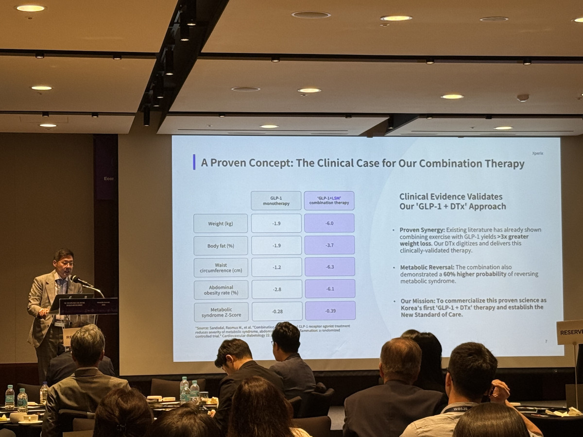 ▲박수홍 엑스페릭스 최고 AI 책임자(CAIO)가 16일 서울 신라호텔에서 열린 ‘제15차 아시아·태평양 경제협력체(APEC) 보건경제 고위급회의’ 부대행사 ‘K-Medical AI Innovation Summit’에서 AI 기반 비만 디지털 융합의약품 파이프라인과 글로벌 비전을 공개했다.(엑스페릭스 제공)