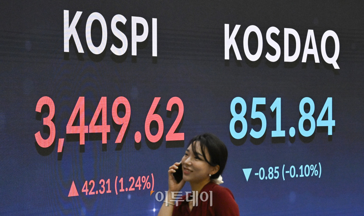 ▲코스피가 5거래일 연속 사상 최고치를 경신한 16일 서울 영등포구 KRX 한국거래소 서울사무소 전광판에 코스피, 코스닥이 표시돼 있다. 이날 코스피 지수는 전 거래일보다 42.31(1.24%) 포인트 상승한 3449.62를 코스닥 지수는 0.85(0.10%) 포인트 하락한 851.84를 나타냈다. 이날 코스피는 장중 52주 최고치인 3452.50까지 도달하기도 했다. 조현호 기자 hyunho@