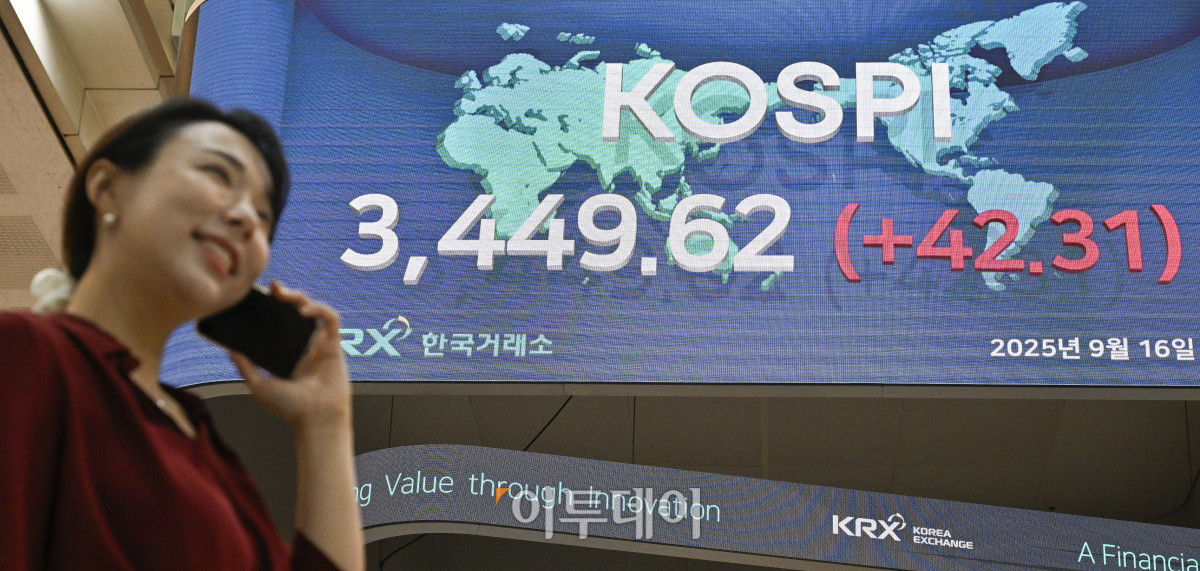 ▲코스피가 5거래일 연속 사상 최고치를 경신한 16일 서울 영등포구 KRX 한국거래소 서울사무소 전광판에 코스피가 표시돼 있다. 이날 코스피 지수는 전 거래일보다 42.31(1.24%) 포인트 상승한 3449.62를 나타냈다. 이날 코스피는 장중 52주 최고치인 3452.50까지 도달하기도 했다. 조현호 기자 hyunho@