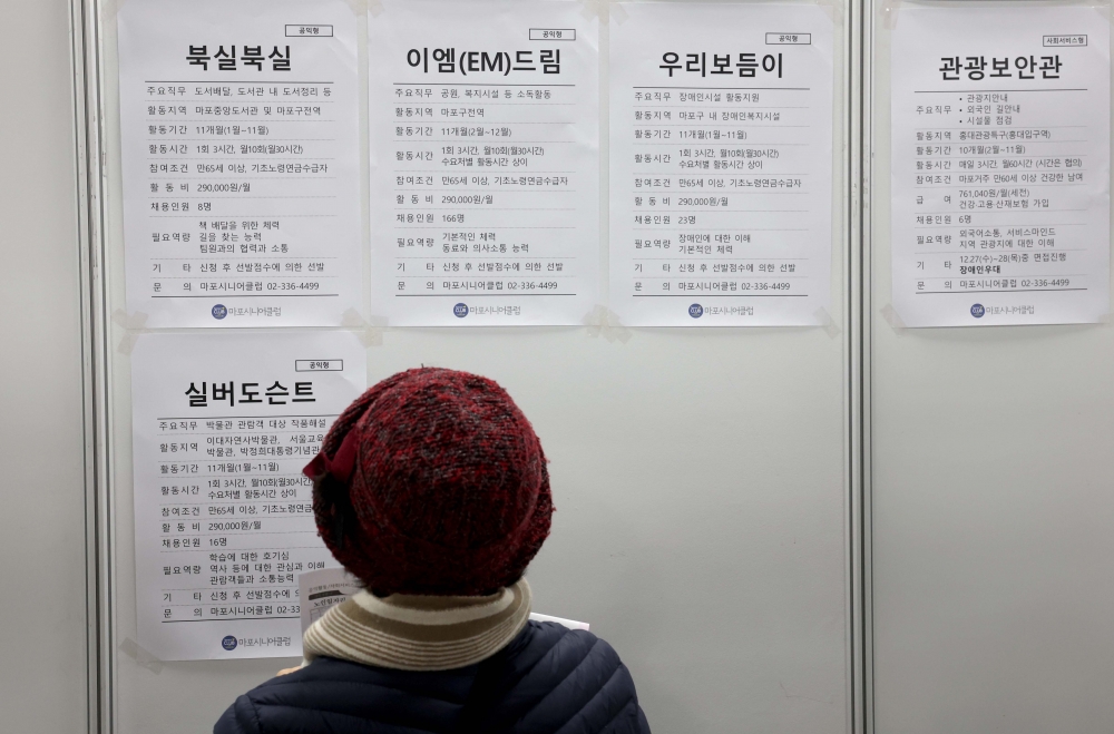 ▲13일 서울 마포구청에서 열린 ‘2024년 마포구 노인 일자리 박람회’에서 어르신들이 일자리 공고를 살펴보고 있다. 이번 행사는 어르신들의 건강하고 활기찬 노후생활과 안정적인 소득 보전을 위해 마련됐다. 마포구는 내년도 노인 일자리와 사회활동지원사업 4개 분야(공익활동형, 사회서비스형, 시장형, 취업알선형)의 55개 사업에 대해 총 3655명을 모집한다. 신태현 기자 holjjak@(이투데이DB)