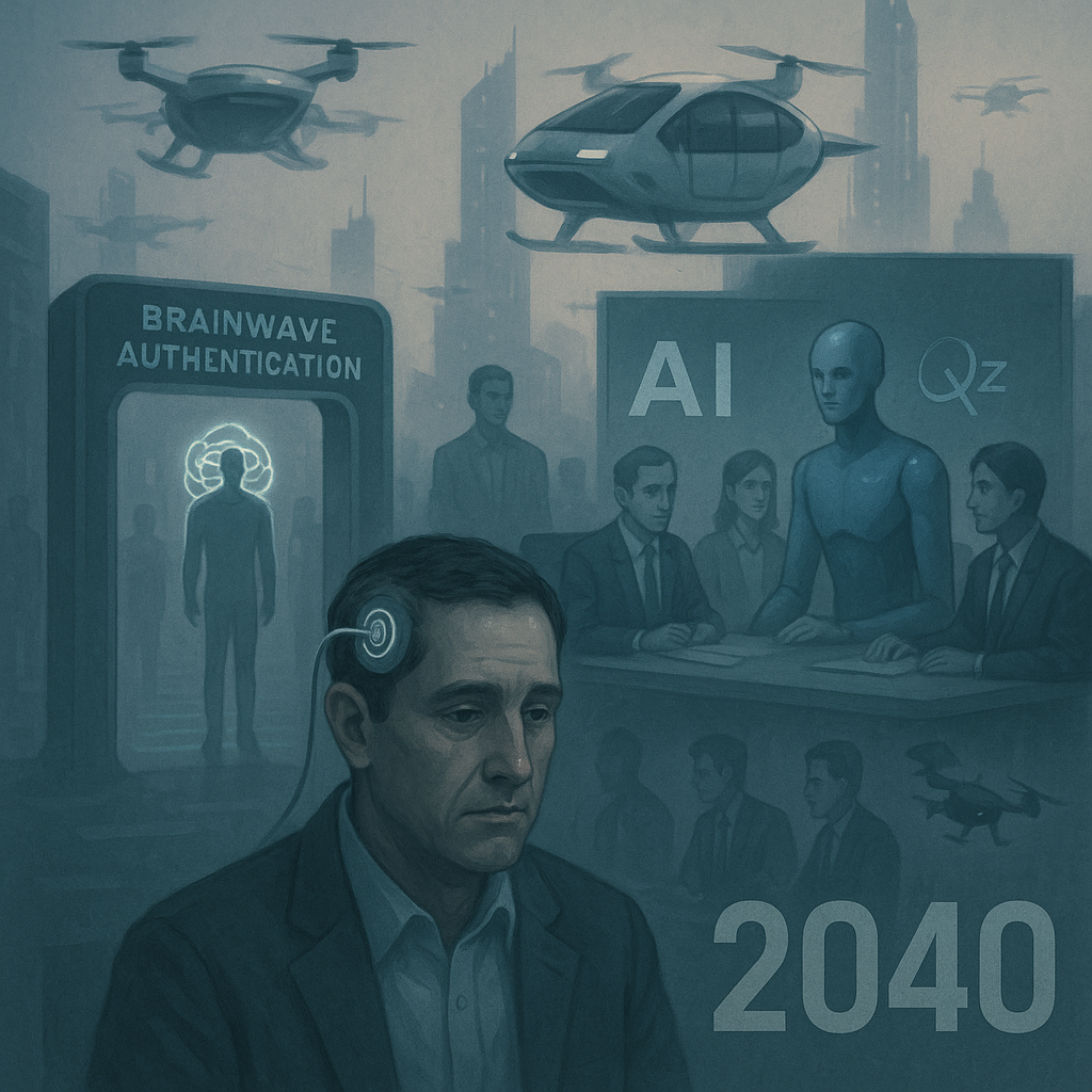 ▲2040년 일상의 변화를 다루는 기사와 함께, 서울의 미래 사회 환경을 보여주는 참고 이미지가 제공되고 있다. (출처=오픈AI)