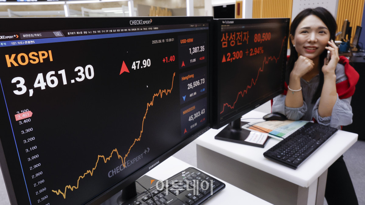 ▲삼성전자 주가가 8만원대를 회복한 18일 서울 영등포구 KRX 한국거래소 서울사무소 모니터에 삼성전자 주가가 전일 대비 2300(2.94%)원 오른 8만500원을 나타내고 있다. 주가가 8만원대를 돌파한 것은 지난해 8월 19일(8만100원) 이후 1년 1개월 만이다. 한편 이날 코스피 지수는 3460선까지 상승 마감하며 다시 사상 최고치를 경신했다. 코스피 지수는 전 거래일보다 47.90(1.40%) 포인트 상승한 3461.30을 나타냈다. 조현호 기자 hyunho@