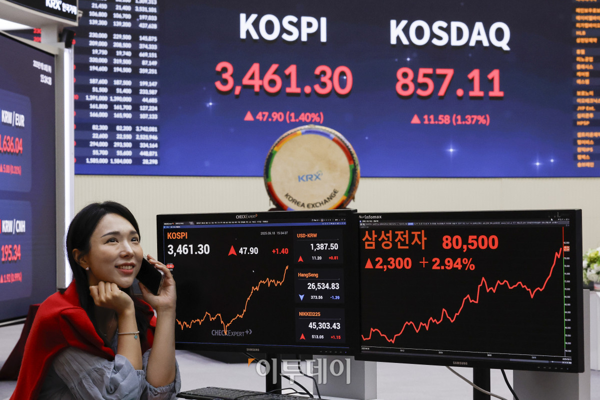 ▲삼성전자 주가가 8만원대를 회복한 18일 서울 영등포구 KRX 한국거래소 서울사무소 모니터에 삼성전자 주가가 전일 대비 2300(2.94%)원 오른 8만500원을 나타내고 있다. 주가가 8만원대를 돌파한 것은 지난해 8월 19일(8만100원) 이후 1년 1개월 만이다. 한편 이날 코스피 지수는 3460선까지 상승 마감하며 다시 사상 최고치를 경신했다. 코스피 지수는 전 거래일보다 47.90(1.40%) 포인트 상승한 3461.30을 코스닥 지수는 11.58(1.37%) 포인트 상승한 857.11을 나타냈다. 조현호 기자 hyunho@