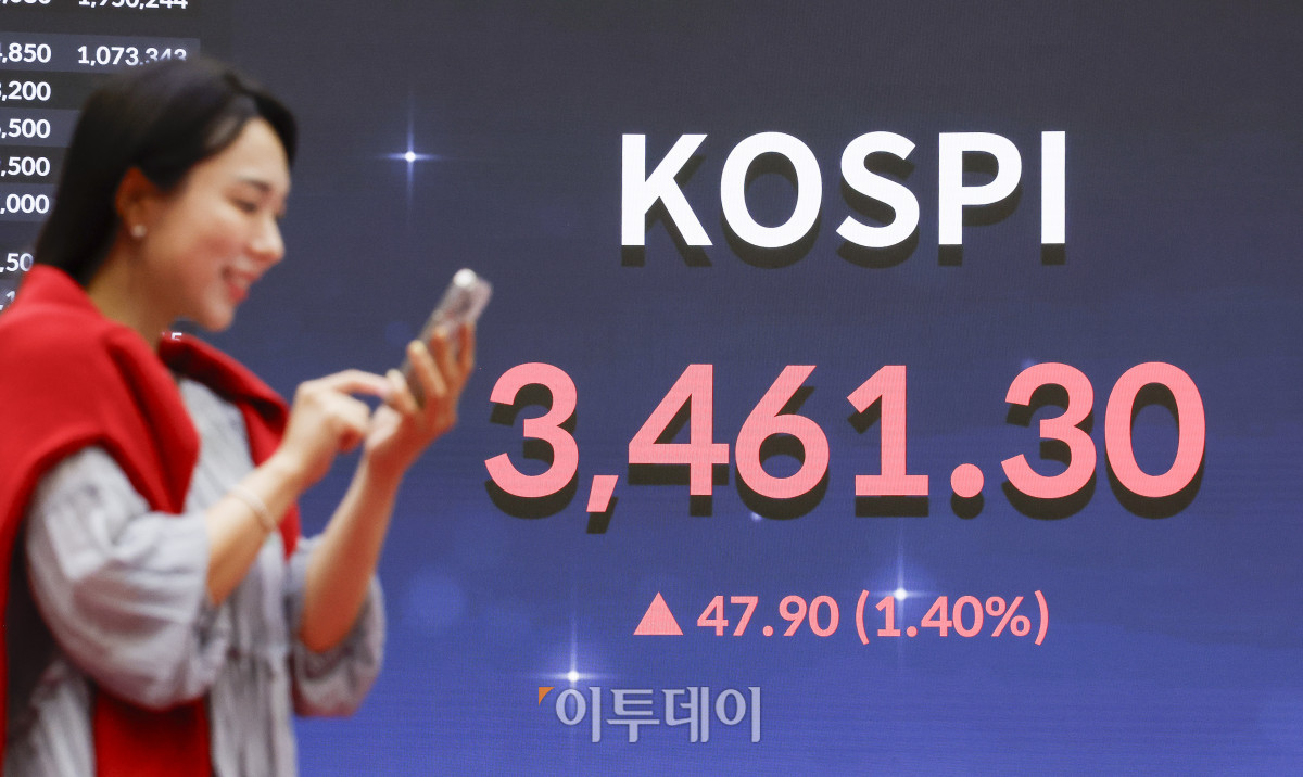 ▲코스피가 3460선으로 상승 마감하며 다시 사상 최고치를 기록한 18일 서울 영등포구 KRX 한국거래소 서울사무소 전광판에 코스피가 표시돼 있다. 코스피 지수는 전 거래일보다 47.90(1.40%) 포인트 상승한 3461.30을 나타냈다. 조현호 기자 hyunho@