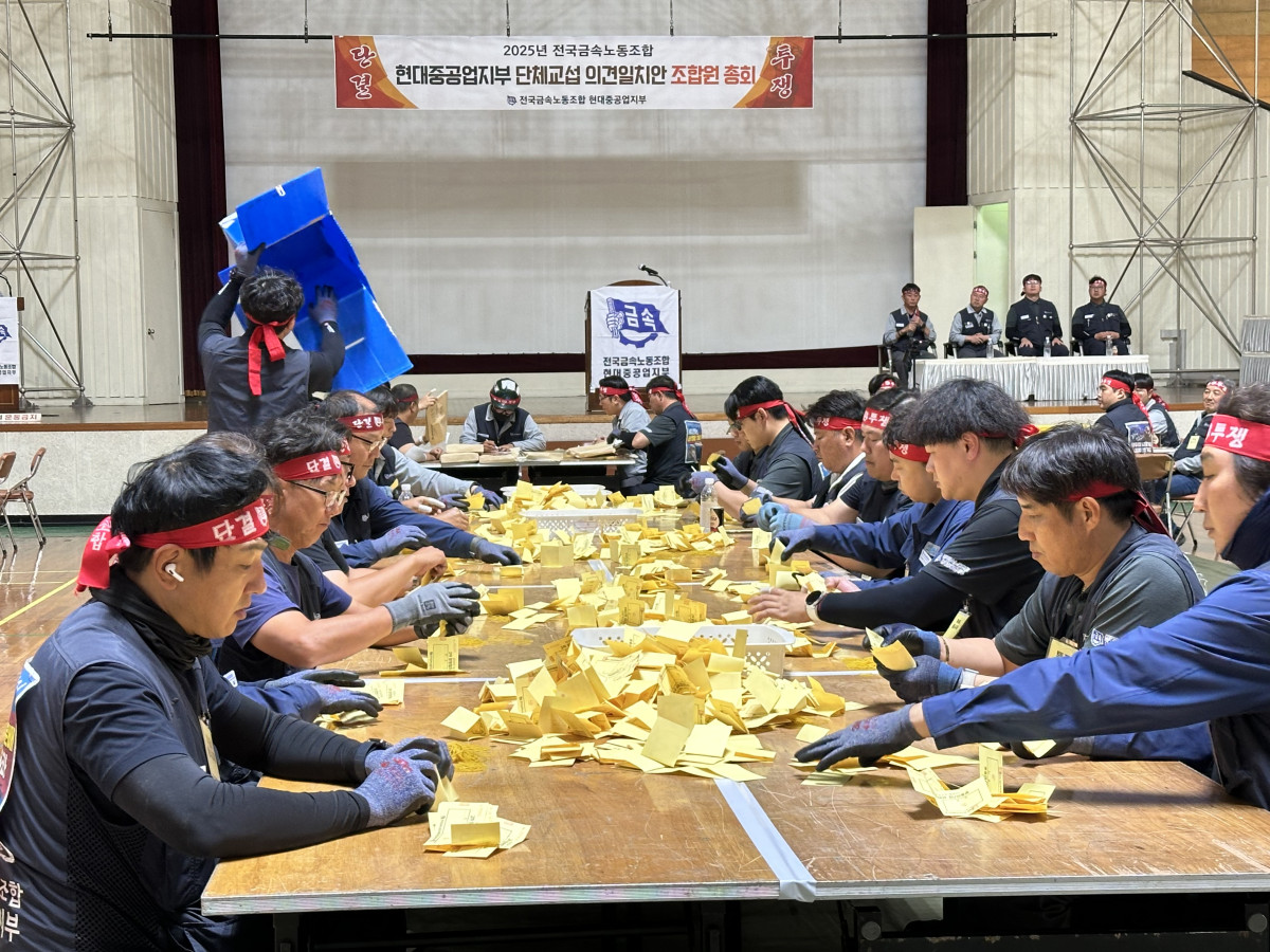 ▲HD현대중공업 노조가 19일 올해 임금협약 2차 잠정합의안에 대한 조합원 찬반 투표를 마치고 개표를 하고 있다. (사진제공=금속노조 현대중공업지부)