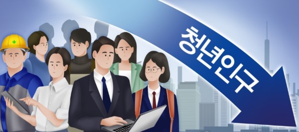 ▲전북 청년인구 감소를 나타내는 화살표와 다양한 직업군의 인물이 도심을 배경으로 묘사된 참고 이미지가 22일 공개됐다. (사진제공=연합뉴스)