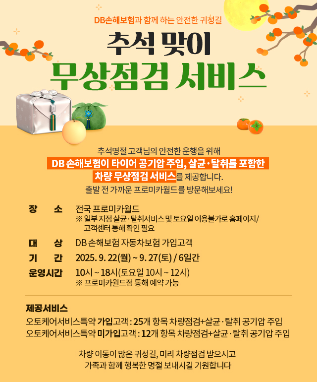 ▲DB손해보험이 추석 명절을 대비해 고객의 안전한 운행을 지원하고 사고 예방 활동을 강화하고자 이달 22일부터 27일까지 차량 무상점검 서비스를 실시한다. (제공 DB손해보험)