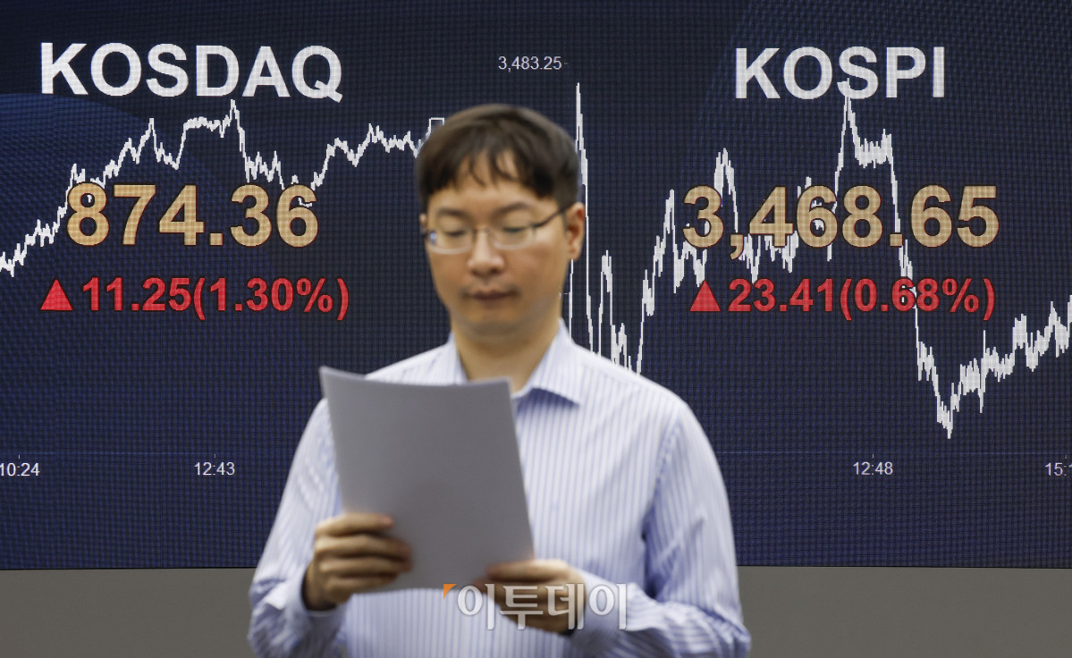 ▲코스피가 삼성전자 강세와 미·중 관계 개선 기대감 속에 장중과 종가 모두 사상 최고치를 경신했다. 22일 서울 영등포구 KB국민은행 딜링룸 전광판에 코스피, 코스닥이 표시돼 있다. 이날 코스피 지수는 전 거래일보다 23.41(0.68%) 포인트 상승한 3468.65를 코스닥 지수는 11.25(1.30%) 포인트 상승한 874.36을 나타냈다. 이날 코스피는 3482.25까지 상승폭을 키우며 장중 사상 최고치를 경신했고, 코스닥도 장중 875선까지 오르며 신고가를 경신했다. 조현호 기자 hyunho@